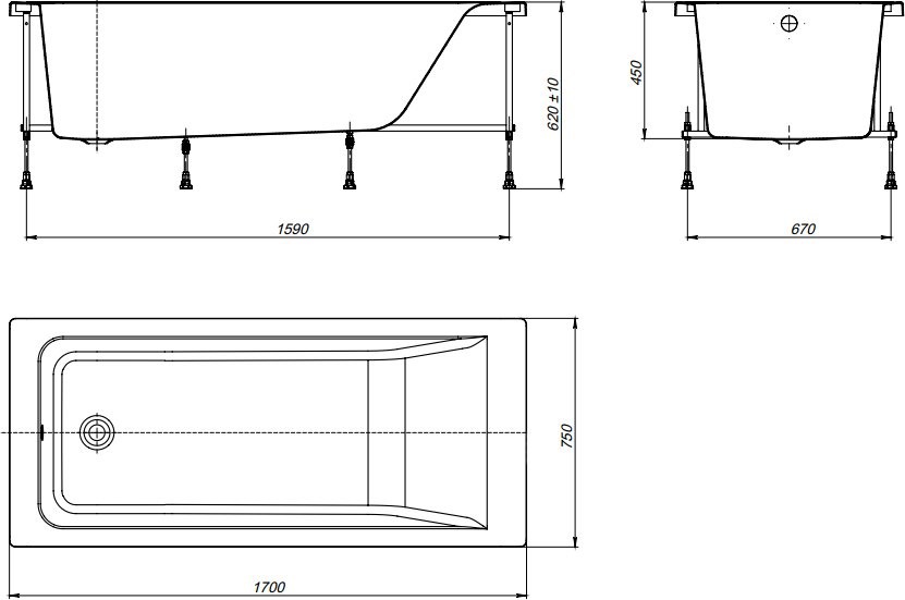 Акриловая ванна Roca Easy 170x75 см, пристенная, белая, с каркасом, со сливом-переливом