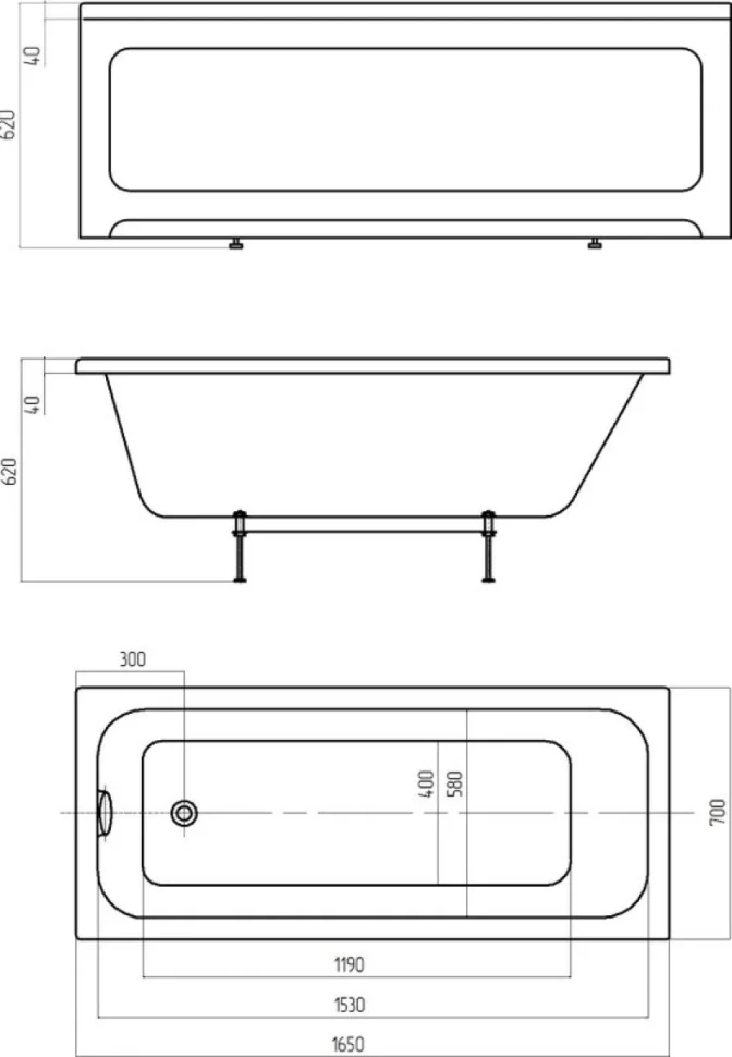 Акриловая ванна AQUATEK Мия 165x70 см, левая, пристенная, белая, на ножках