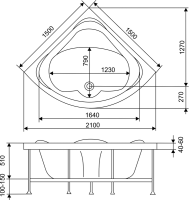 Акриловая ванна EUROLUX Rimini 150x150 см, угловая, пристенная, белая, четверть круга, с каркасом, 150х150, с каркасом