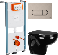 Комплект Унитаз подвесной Wanfald Lauta 47374100005 черный + Инсталляция VitrA V-Fix Core 732-5800-01PV + Кнопка Root Round 740-2295 никель