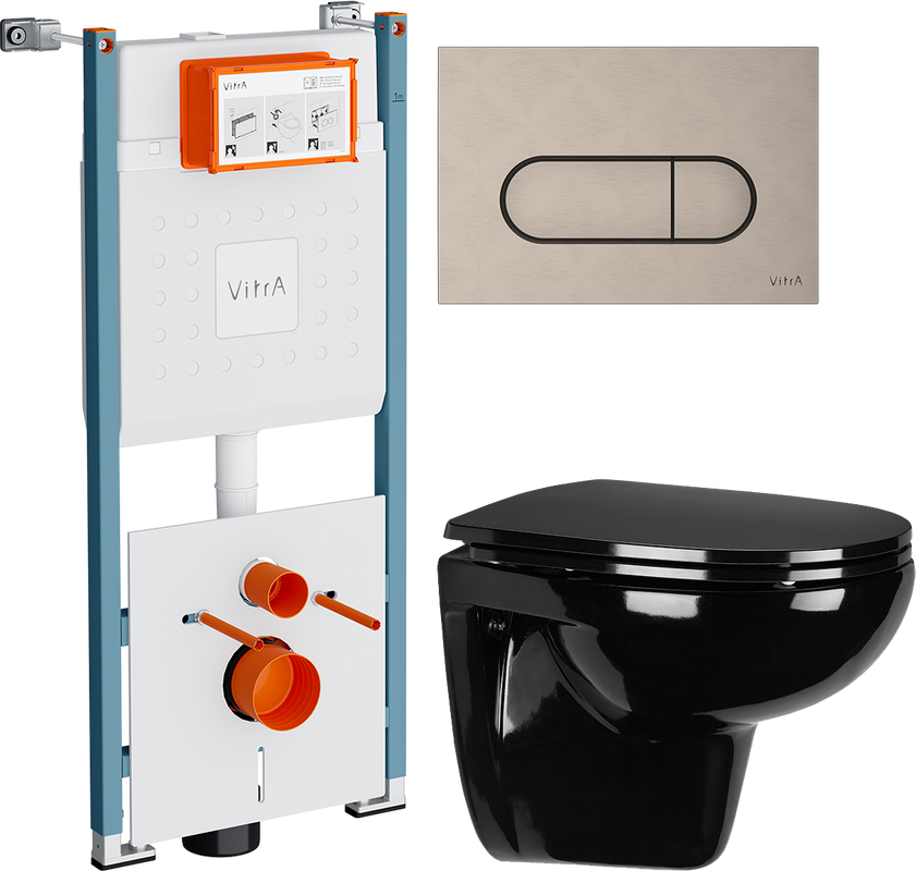 Комплект Унитаз подвесной Wanfald Lauta 47374100005 черный + Инсталляция VitrA V-Fix Core 732-5800-01PV + Кнопка Root Round 740-2295 никель