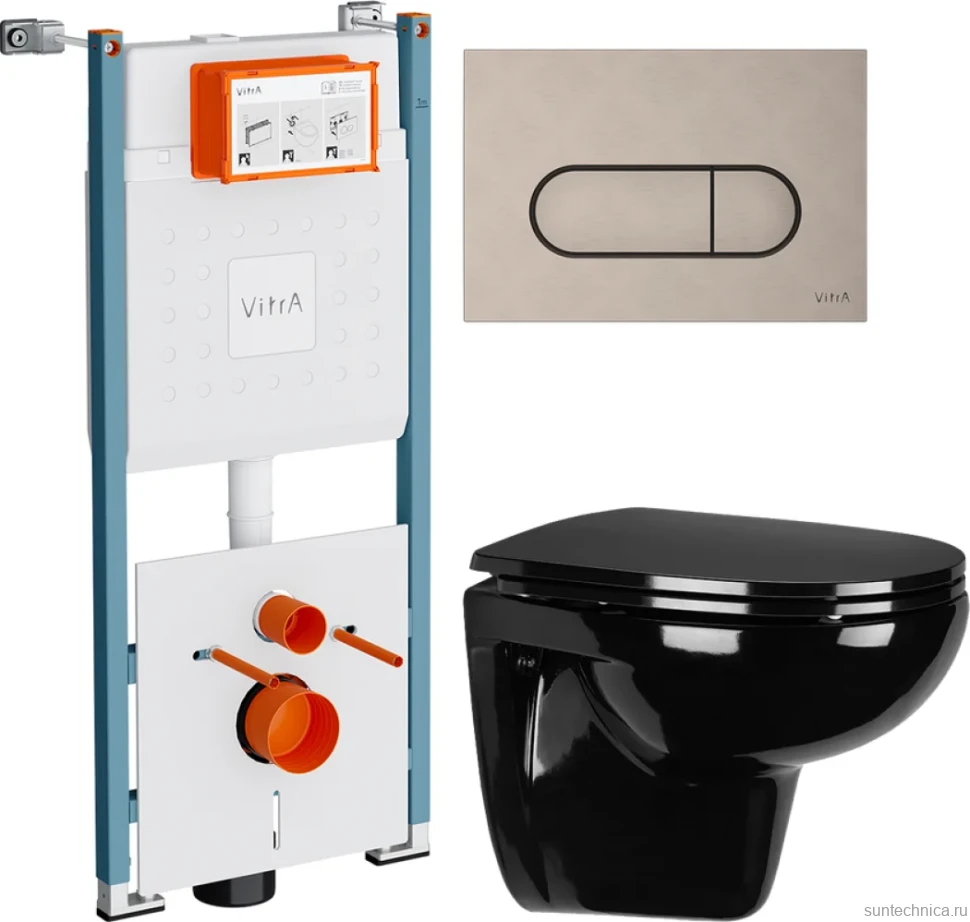 Комплект Унитаз подвесной Wanfald Lauta 47374100005 черный + Инсталляция VitrA V-Fix Core 732-5800-01PV + Кнопка Root Round 740-2295 никель
