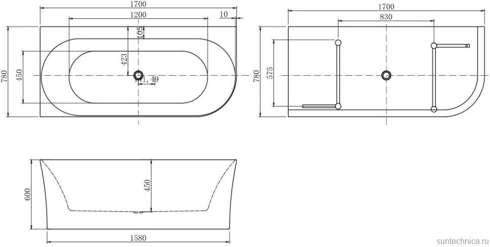 Акриловая ванна Allen Brau Priority 4 R 170x80 см, угловая, правая, пристенная, белая, асимметричная, на ножках, с экраном, со сливом-переливом