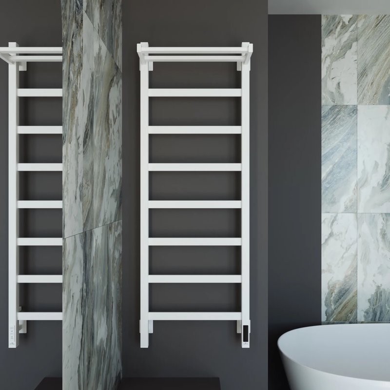 Полотенцесушитель электрический Grota Lore 430х1200 RAL9016 EL 120x45 см, подключение справа, слева, скрытое подключение справа, матовый белый, лесенка, из стали, с полкой