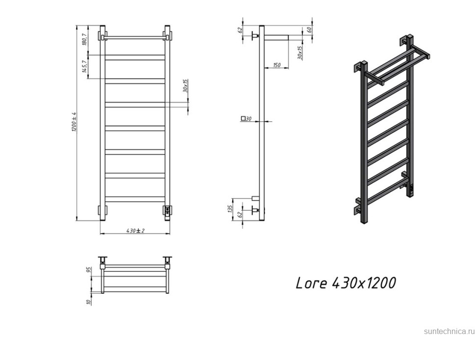 Полотенцесушитель электрический Grota Lore 430х1200 RAL9016 EL 120x45 см, подключение справа, слева, скрытое подключение справа, матовый белый, лесенка, из стали, с полкой