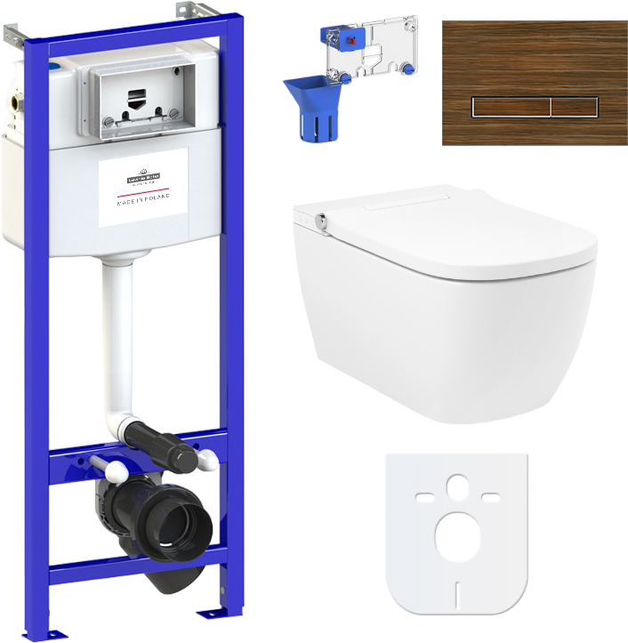 Комплект Lavinia Boho Унитаз подвесной Smart V-Clean 3359101R безободковый, с микролифтом + Инсталляция RelFix 38010010 + Кнопка RelFix 3805005T венге + Дозатор RelFix 38040010