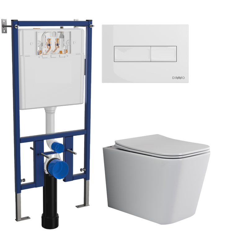 Комплект Унитаз подвесной Ceramicanova Cubic CN1806 с микролифтом, безободковый + Инсталляция DIWO + Кнопка 7320 белая