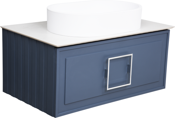 Тумба с раковиной La Fenice Cubo 80 подвесная, blu grigio, ручка хром, столешница белый мрамор, раковина матовая белая