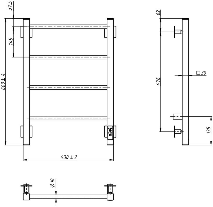 Полотенцесушитель электрический Grota Simple K 430х600 NP EL 60x45 см, подключение справа, слева, скрытое подключение справа, глянцевый хром, лесенка