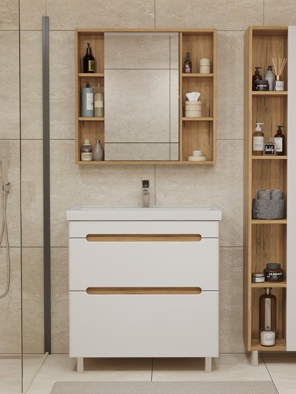 Мебель для ванной комнаты SanStar Diva 80 напольная, матовая белая, дуб вотан, раковина Фостер 80