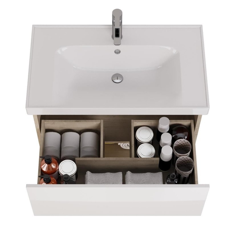 Тумба с раковиной Dreja Perfecto 90 подвесная, дуб эврика, белый глянец