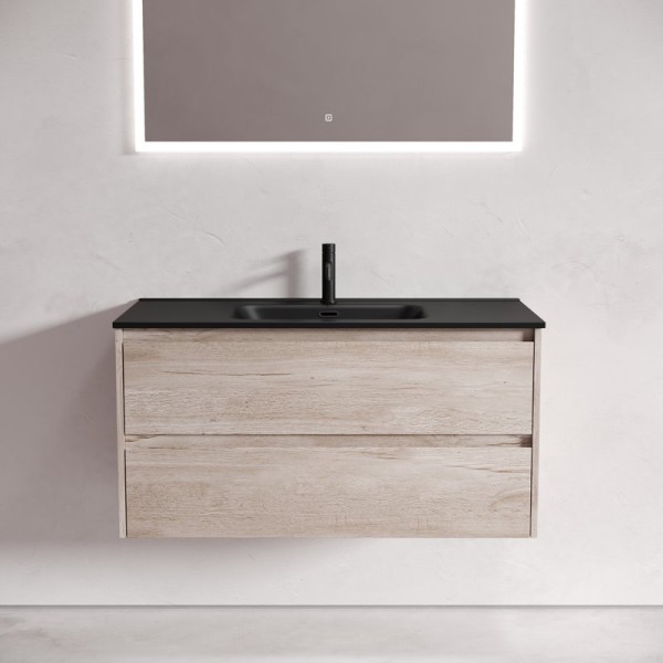 Тумба с раковиной Sancos Libra 100 дуб галифакс натуральный, черная раковина CN7003MB