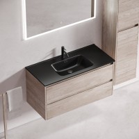 Тумба с раковиной Sancos Libra 100 дуб галифакс натуральный, черная раковина CN7003MB
