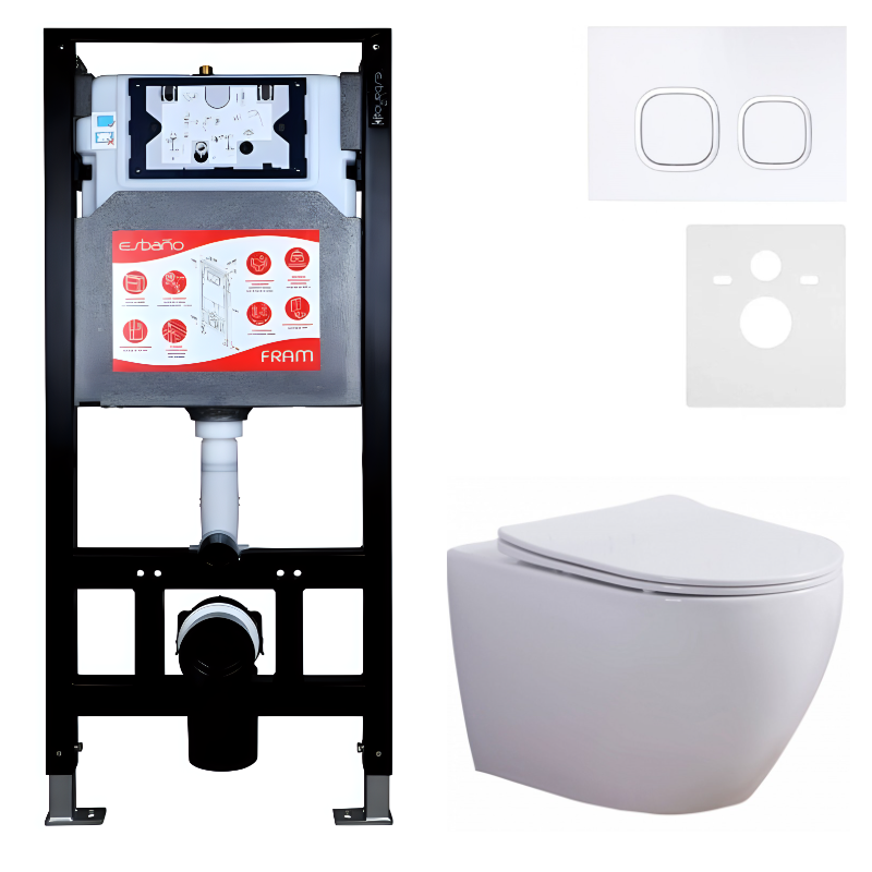 Комплект 3 в 1 Унитаз подвесной Esbano Azalea ESUPAZALW + Инсталляция Fram + Кнопка ESINLPS10GW цвет глянцевый белый