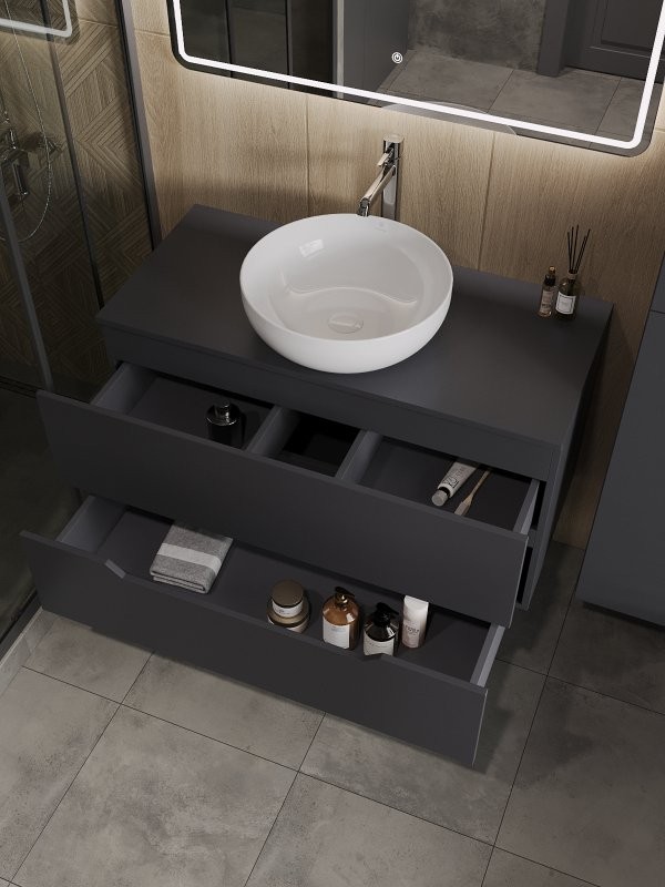 Мебель для ванной комнаты Orange Line 100 подвесная, 2 ящика, матовый графит с раковиной B07-420W