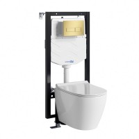 Комплект Унитаз подвесной WasserKRAFT Mindel H002 безободковый + Крышка для унитаза E034 + Система инсталляции для унитазов Vils 56TLT.010.ME + Кнопка смыва MG03