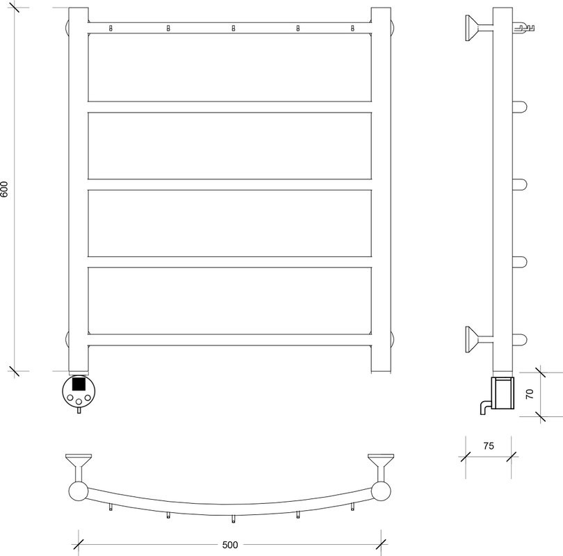Полотенцесушитель электрический Secado Милан 1 К 60x50 см, подключение слева, матовый черный, лесенка