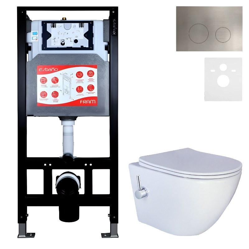 Комплект 3 в 1 Унитаз подвесной Esbano ESWBTERUWN + Инсталляция Fram + Кнопка ESINMTK60ST цвет сатин