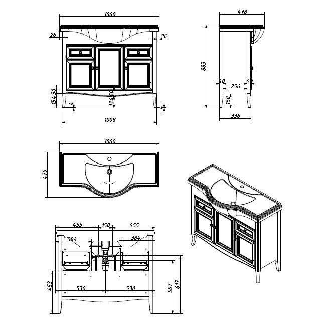 Тумба с раковиной Caprigo Лион 105 3 дверцы, 2 ящика, орех античный