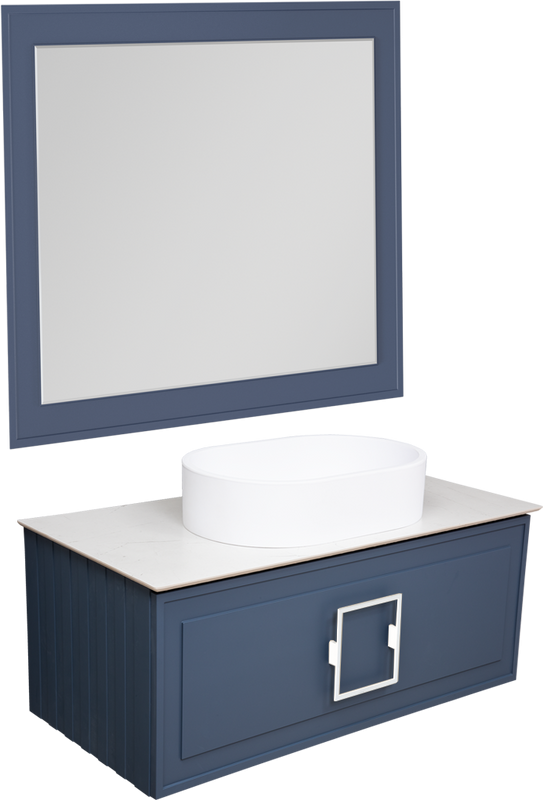 Мебель для ванной комнаты La Fenice Cubo 100 подвесная, синяя, ручка белая, столешница белый мрамор, раковина матовая белая