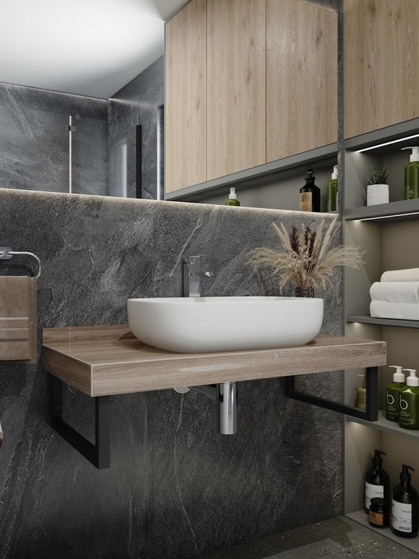 Столешница с раковиной Teymi Helmi 100 дуб кашмир, раковина Solli 61,  с черными кронштейнами