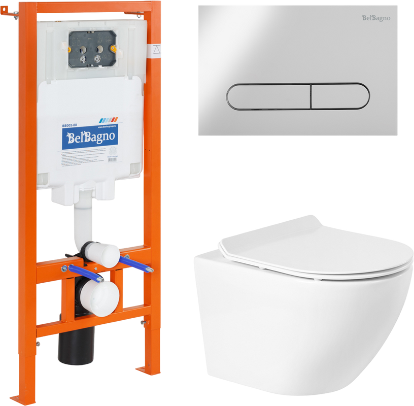 Комплект Унитаз подвесной BelBagno Sfera-r BB046CHR безободковый, крышка BB2111SC, инсталляция BB002-80 с кнопкой BB005-PR-CHROME