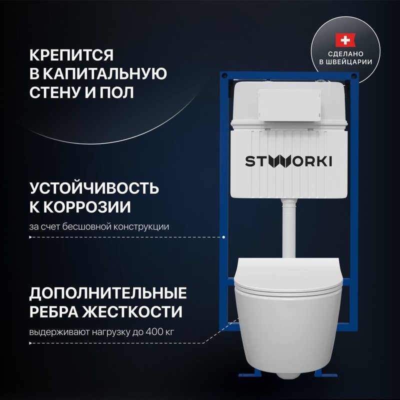 Комплект Унитаз подвесной STWORKI Ларвик 5512 безободковый + Крышка + Инсталляция + Кнопка 230823 хром матовый