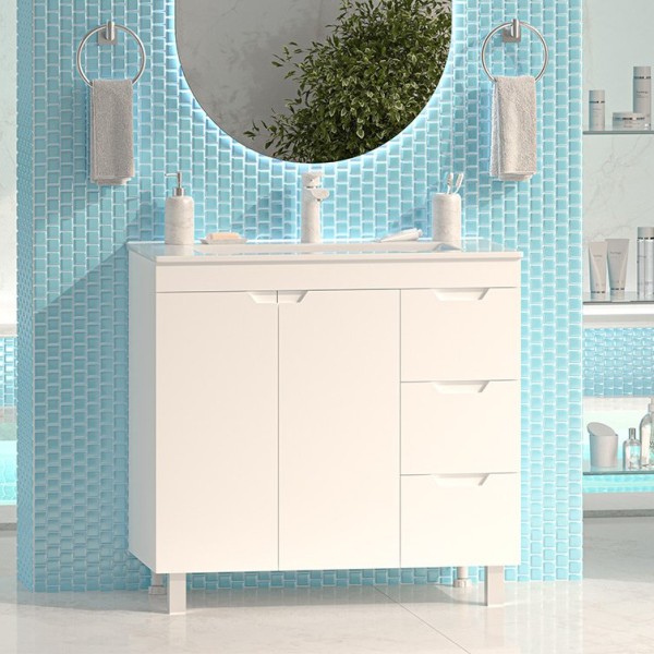 Тумба с раковиной Misty Оптима 90 напольная, белая, 3 ящика, 2 дверцы