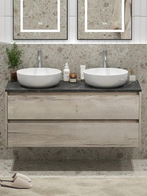 Тумба с раковиной BelBagno Kraft 120 со столешницей, для двоих, 2 ящика, rovere galifax bianco