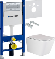 Комплект Унитаз подвесной Ceramicanova Metric Rimless CN3007 с микролифтом, безободковый + Звукоизоляция Geberit + Инсталляция Duofix Delta 458.149.21.1 с кнопкой смыва, хром