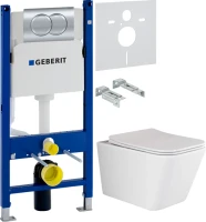 Комплект Унитаз подвесной Ceramicanova Metric Rimless CN3007 с микролифтом, безободковый + Звукоизоляция Geberit + Инсталляция Duofix Delta 458.149.21.1 с кнопкой смыва, хром