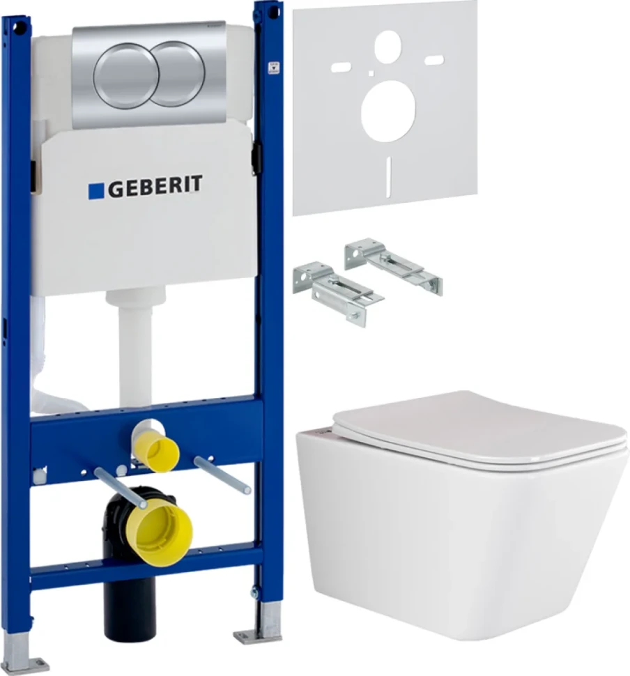 Комплект Унитаз подвесной Ceramicanova Metric Rimless CN3007 с микролифтом, безободковый + Звукоизоляция Geberit + Инсталляция Duofix Delta 458.149.21.1 с кнопкой смыва, хром