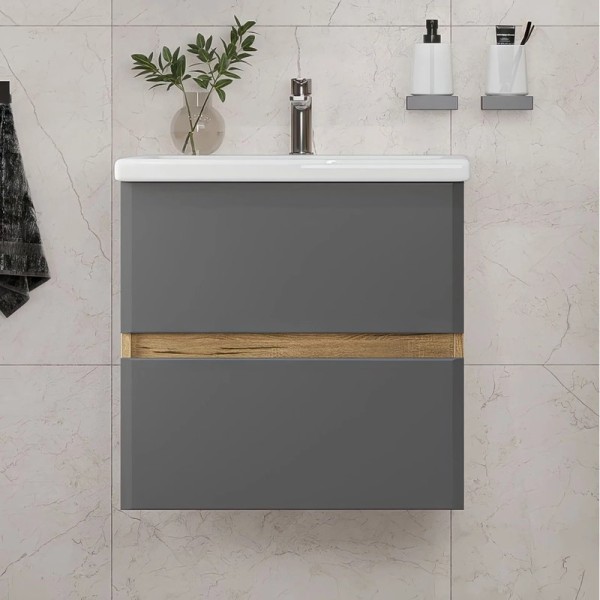 Тумба с раковиной SanStar Graffa 50 подвесная, дуб вотан, графит софт, раковина Como