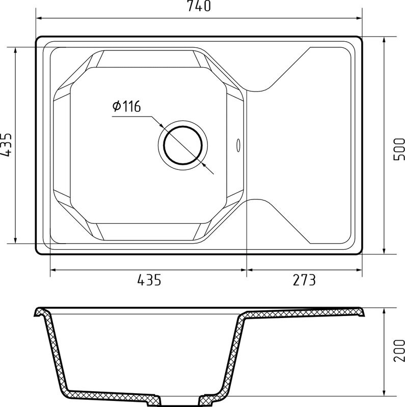 Комплект Мойка GranFest Unique U-740L кашемир + Смеситель MEGA Ege MG-PL10 хром