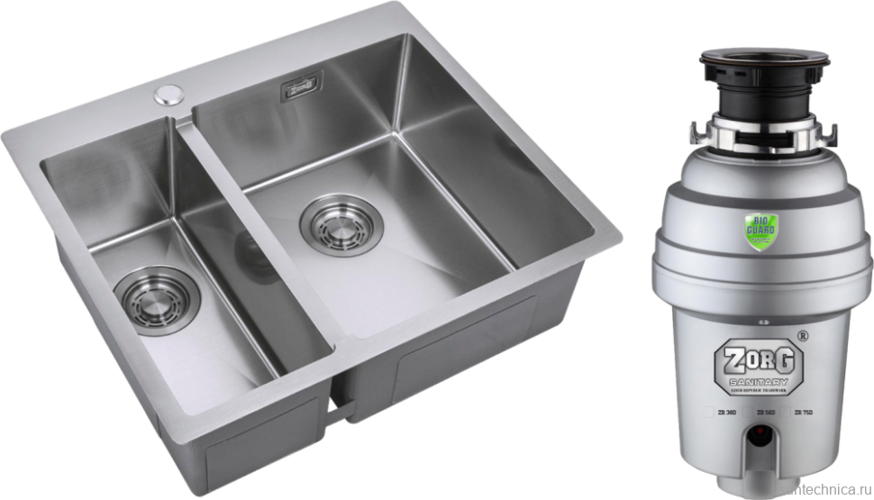 Комплект Мойка Zorg Light ZL R 590-2-510-R R, нержавеющая сталь + Измельчитель Inox D
