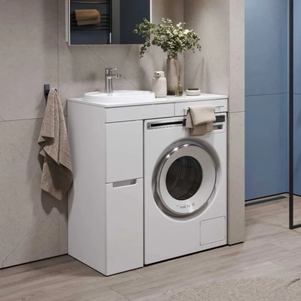 Мебель для ванной комнаты Alavann Cosmetic 85 L под стиральную машину, напольная, глянцевая белая