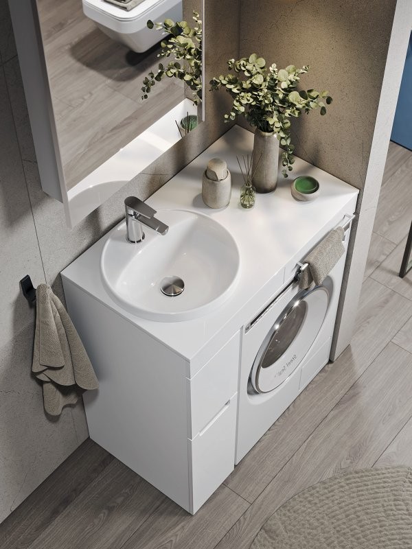 Мебель для ванной комнаты Alavann Cosmetic 85 L под стиральную машину, напольная, глянцевая белая