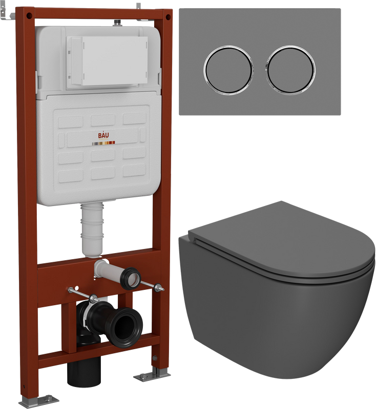 Комплект Унитаз подвесной Bauedge Dream BL0001-DG безободковый, с микролифтом, матовый темно-серый + Инсталляция Ideal + Кнопка Round серый металлик