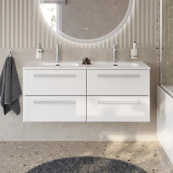 Тумба с раковиной Cezares Eco Cer-N 120 4 ящика, bianco lucido, раковина Duet 120, двойная, ручки сатин