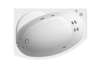 Акриловая ванна Radomir Монти Релакс 150x105 см, угловая, левая, пристенная, с гидромассажем, белая, асимметричная, с каркасом, с экраном, с сиденьем, со сливом-переливом