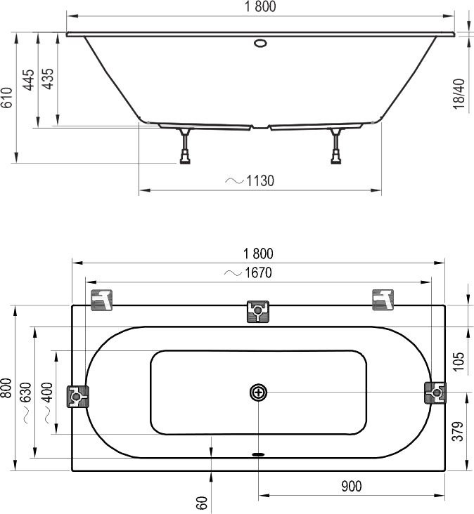 Акриловая ванна Ravak City без опоры 180x80 см, пристенная, белая