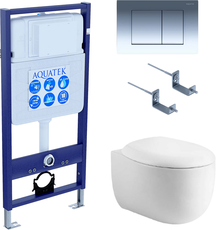 Комплект Унитаз подвесной AQUATEK Альтаир AQ1980-00 безободковый, с микролифтом + Инсталляция Standard INS-0000012 + Комплект креплений KKI-0000002 + Кнопка KDI-0000010 глянцевый хром