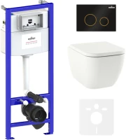 Комплект Унитаз подвесной Lavinia Boho One Compacto 3302102С с микролифтом + Система инсталляции для унитазов Relfix 38010010 + Кнопка смыва Relfix 38050803 матовая черная, золотой глянец
