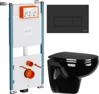 Комплект Унитаз подвесной Wanfald Lauta 47374100005 черный + Инсталляция VitrA V-Fix Core 732-5800-01PV + Кнопка Root Square 740-2311 черная матовая