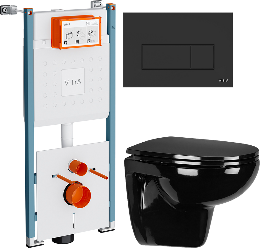 Комплект Унитаз подвесной Wanfald Lauta 47374100005 черный + Инсталляция VitrA V-Fix Core 732-5800-01PV + Кнопка Root Square 740-2311 черная матовая