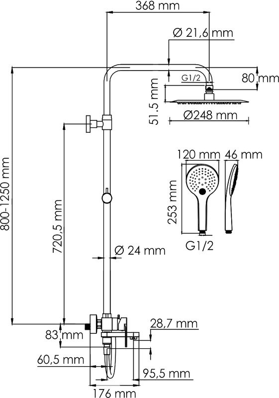 Душевая стойка Wasserkraft Elbe 7400 A174.258.078.CB черная