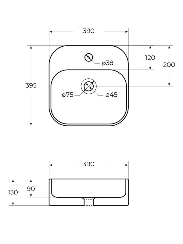 Накладная раковина Cezares 39 глянцевая белая, квадратная, фаянс, с 1 отверстием под смеситель