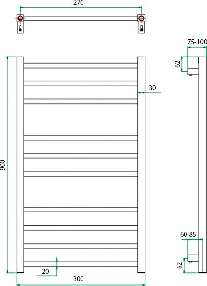 Полотенцесушитель водяной Grota Estro 30x90