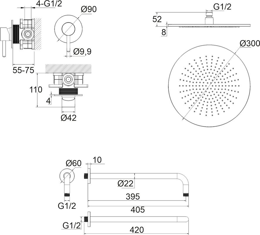 Душевой комплект WHITECROSS Y YSET01GM С ВНУТРЕННЕЙ ЧАСТЬЮ, оружейная сталь