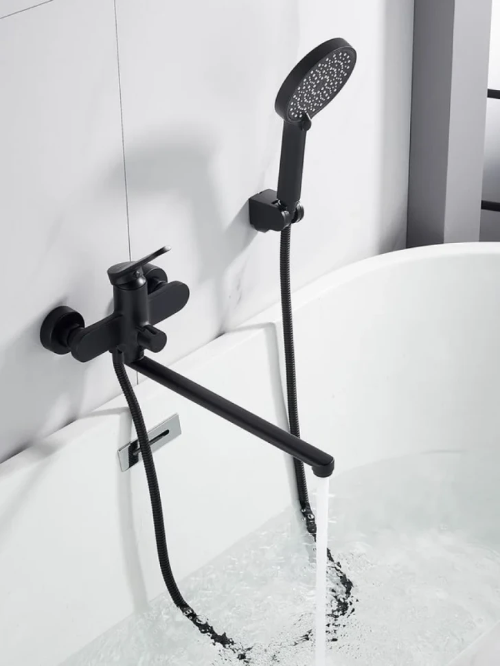 Смеситель для ванны с длинным изливом и лейкой (кран для ванны) Shevanik S4322H, черный